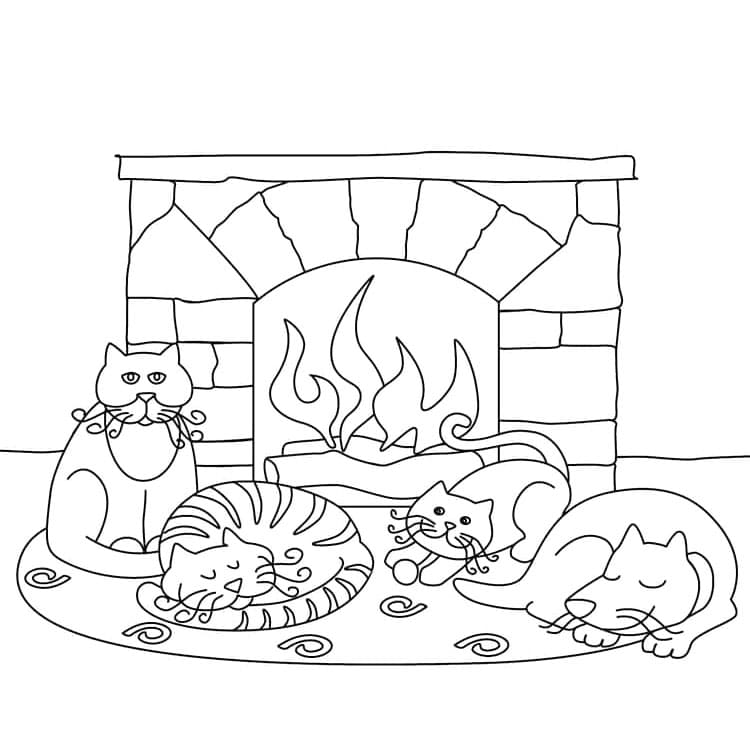 Katte ved Ildsted Tegninger til Farvelægning