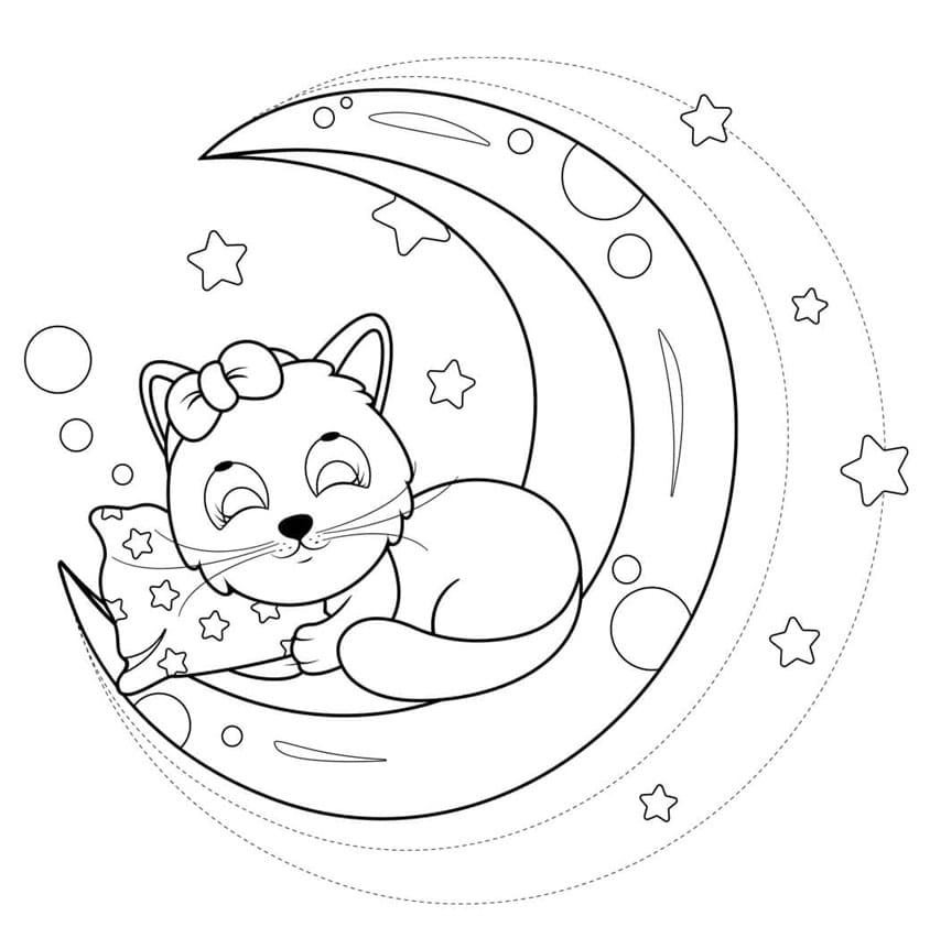 Kitty sover med en pude på månen Tegninger til Farvelægning