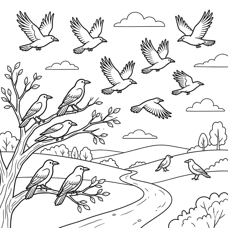 Krager flyver på himlen Tegninger til Farvelægning