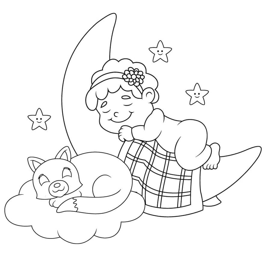 Lille dreng med kat, sovende måne Tegninger til Farvelægning