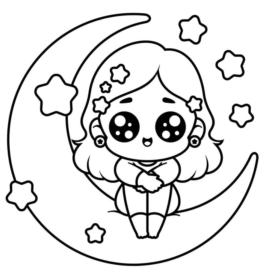 Lille pige sidder alene på månen Tegninger til Farvelægning