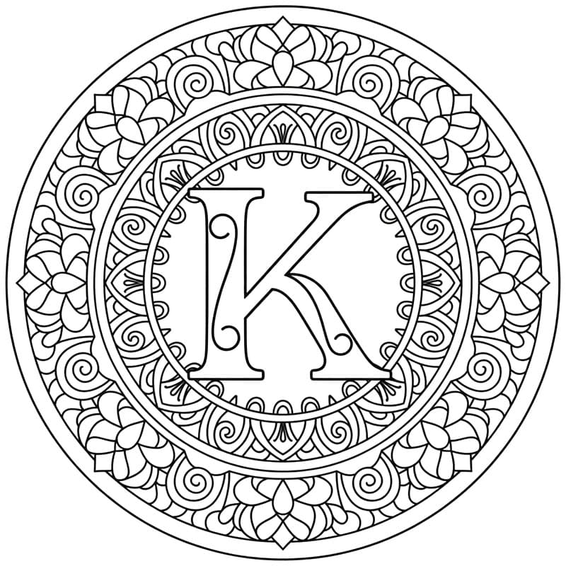 Simpelt mandala-bogstavet K Tegninger til Farvelægning