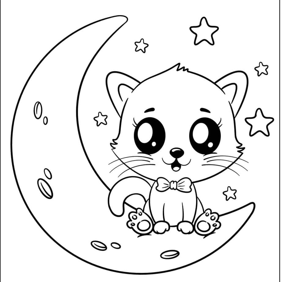 Sød kat sidder på månen Tegninger til Farvelægning