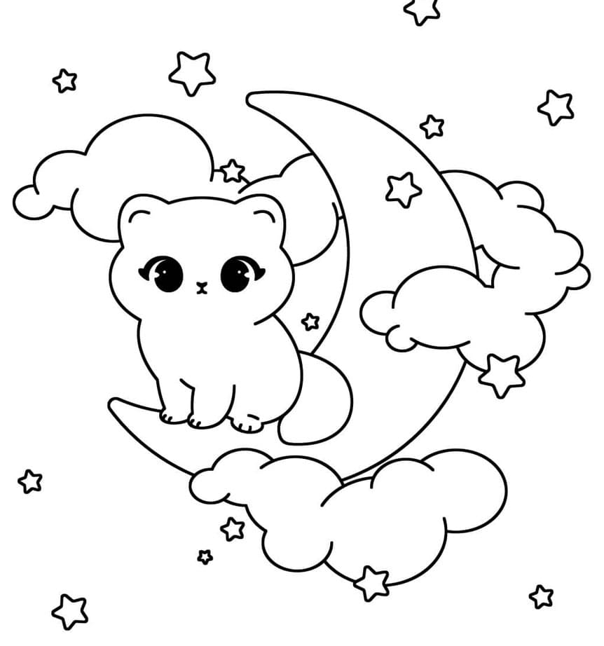 Sød magisk kat på månen Tegninger til Farvelægning