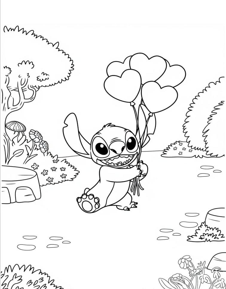 Stitch med hjerteballoner Tegninger til Farvelægning