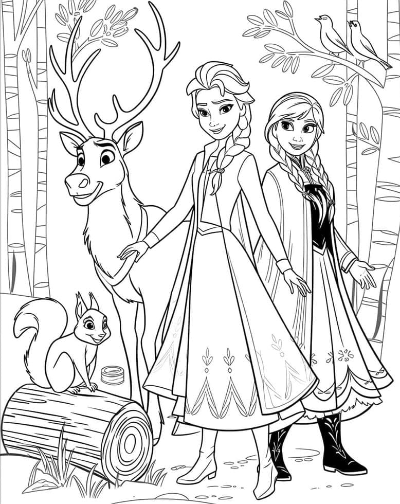 Elsa og Anna med dyrene Tegninger til Farvelægning