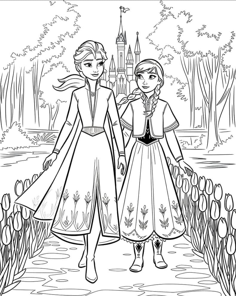 Elsa og Anna med tulipaner Tegninger til Farvelægning