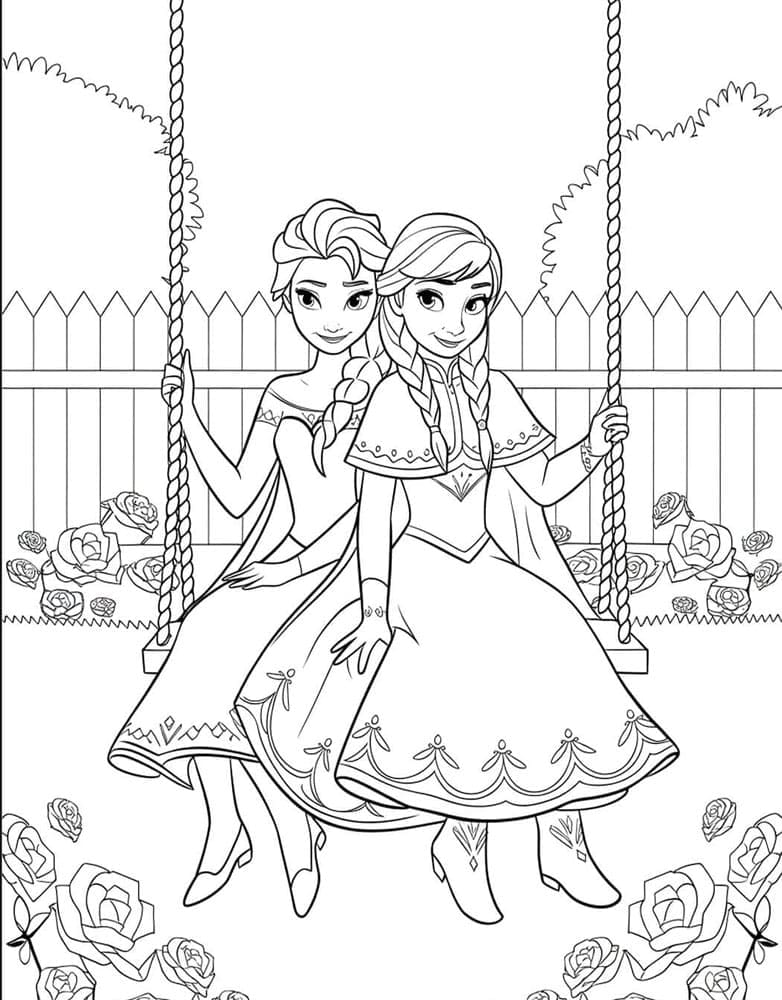 Elsa og Anna på en gynge Tegninger til Farvelægning