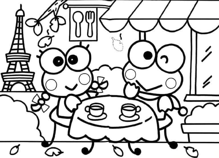 Keroppi og Carolyn spiser morgenmad i Paris Tegninger til Farvelægning