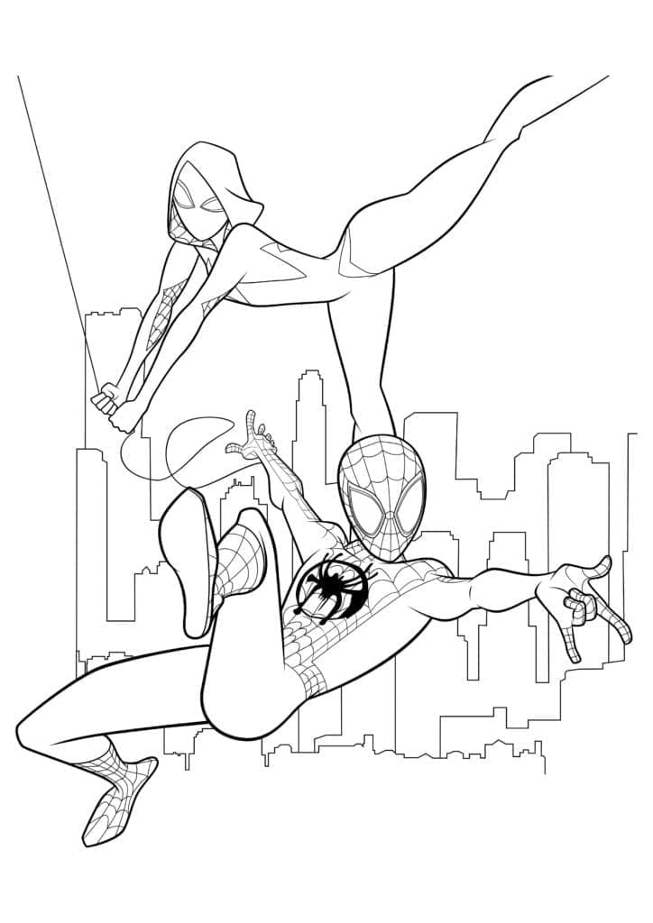 Spider-Man Miles Morales og Gwen Stacy Tegninger til Farvelægning