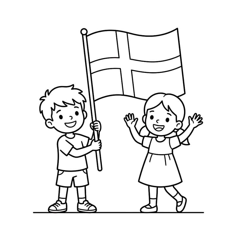Børn med Dannebrog Tegninger til Farvelægning