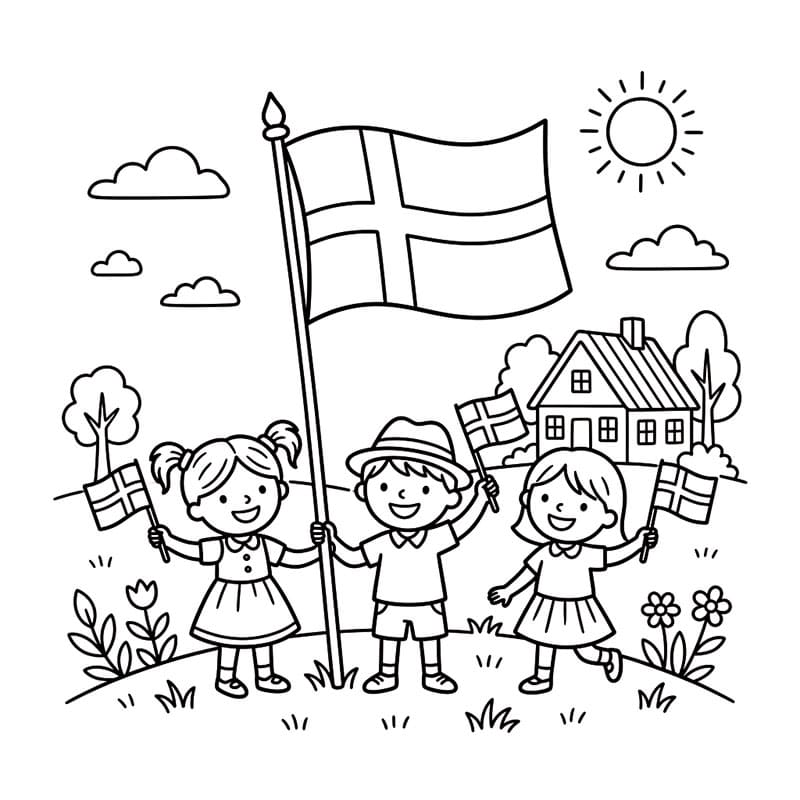 Børn med Flag på Grundlovsdag Tegninger til Farvelægning