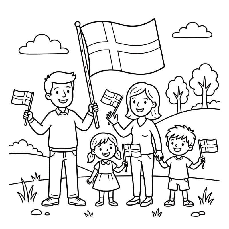 Familie med Dannebrog Tegninger til Farvelægning
