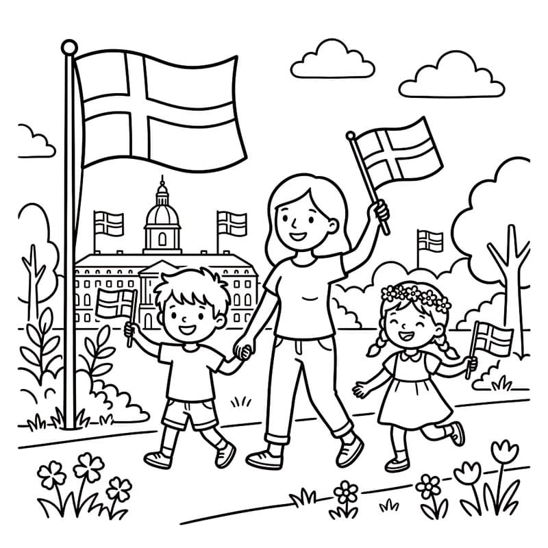 Familie og Flag på Grundlovsdag Tegninger til Farvelægning