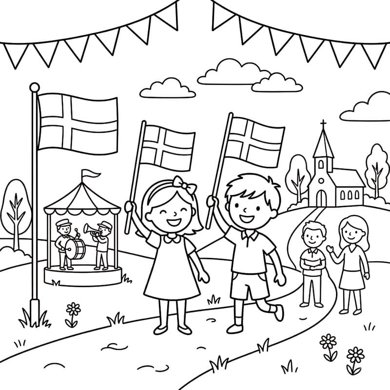 Flagfest på Grundlovsdag Tegninger til Farvelægning