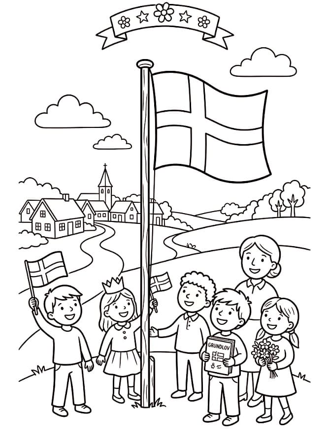 Flaghejsning på Grundlovsdag Tegninger til Farvelægning
