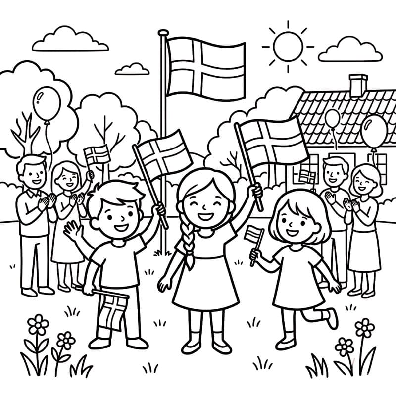 Flagparade på Grundlovsdag Tegninger til Farvelægning