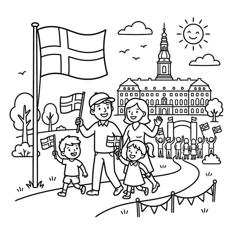 Grundlovsdag med Flag Tegninger til Farvelægning