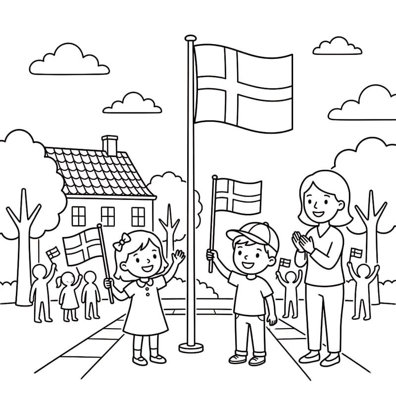 Grundlovsdag ved Flagstangen Tegninger til Farvelægning