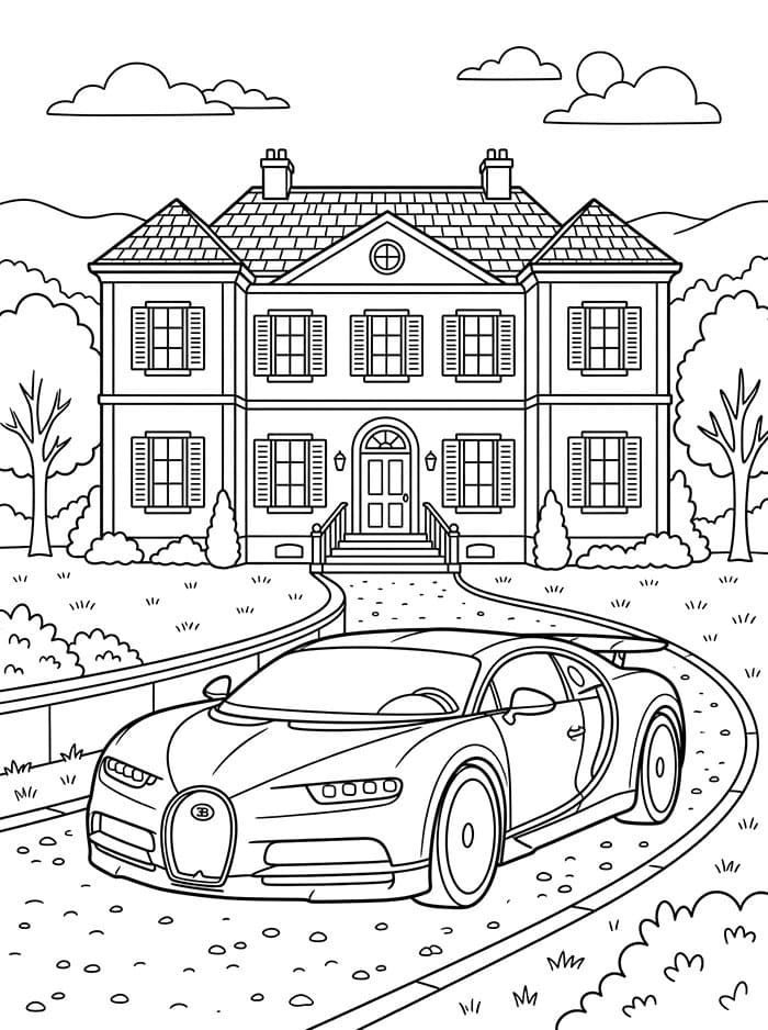 Bugatti foran et luksushus Tegninger til Farvelægning