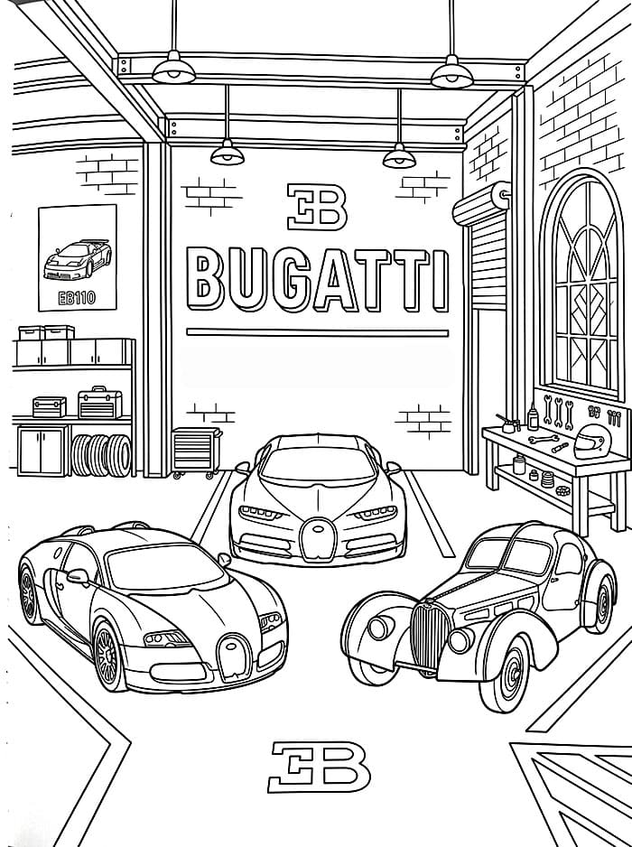 Bugatti Garage Tegninger til Farvelægning