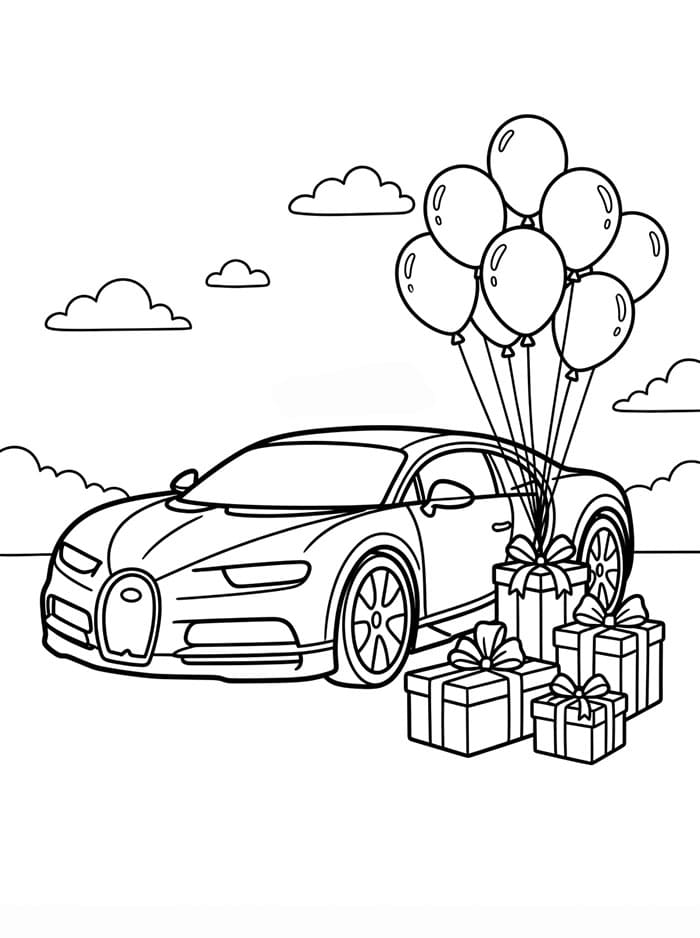 Bugatti med gaveæske Tegninger til Farvelægning