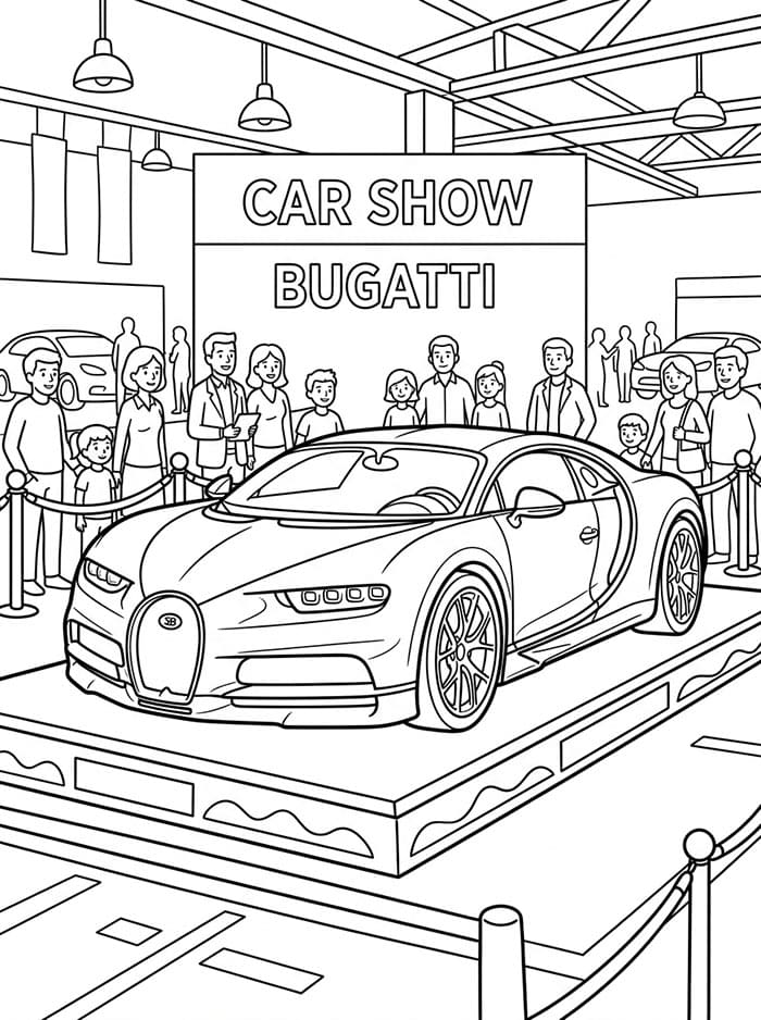 Bugatti på en biludstilling Tegninger til Farvelægning
