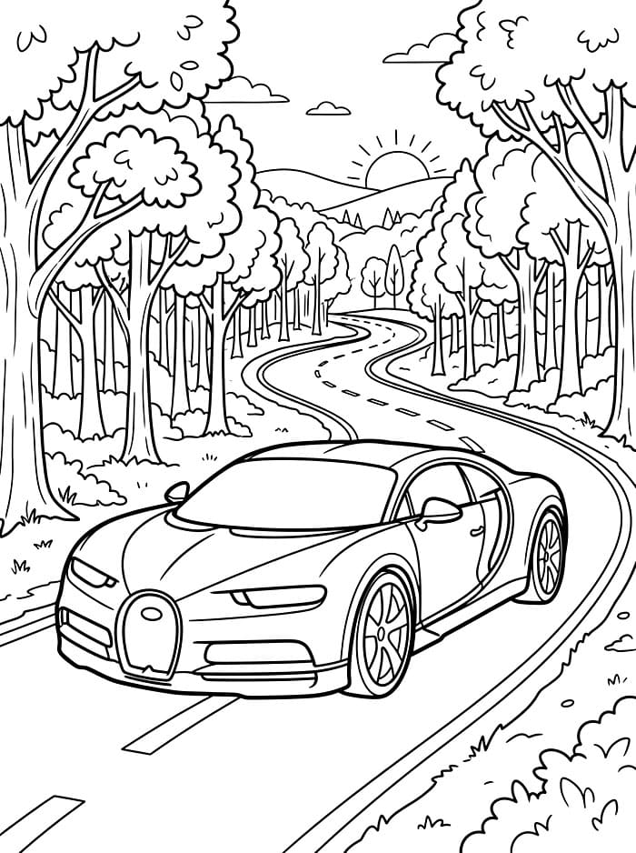 Bugatti på en skovvej Tegninger til Farvelægning