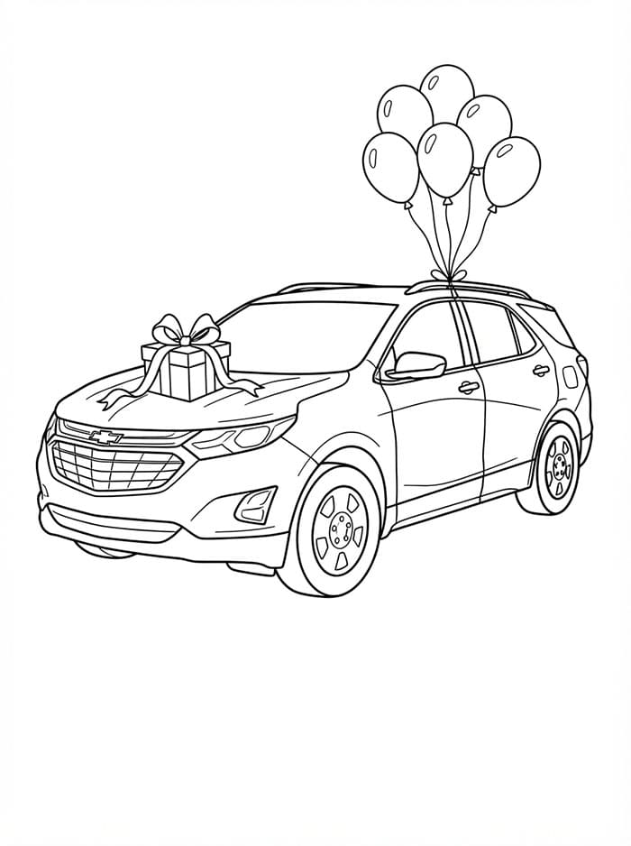 Chevrolet med ballon og gave Tegninger til Farvelægning