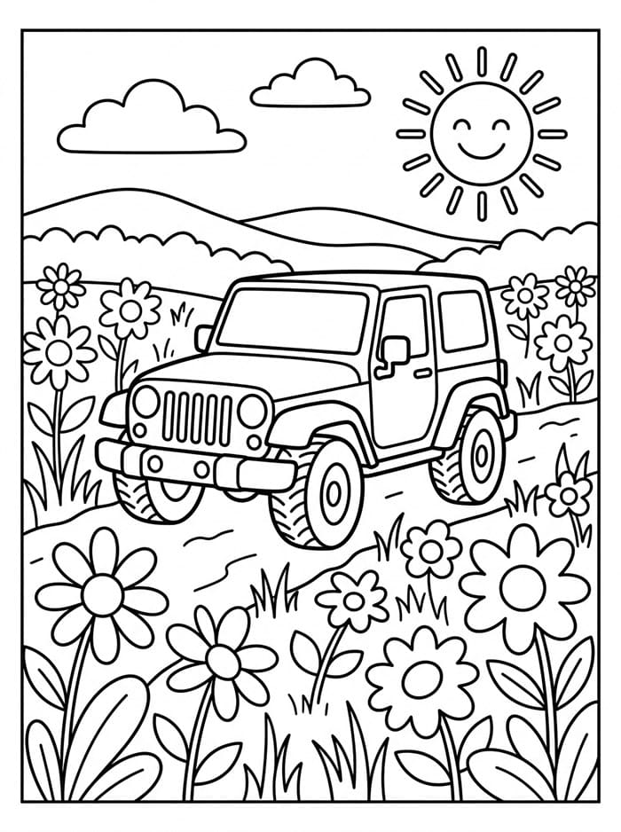 Jeep i en blomstermark Tegninger til Farvelægning