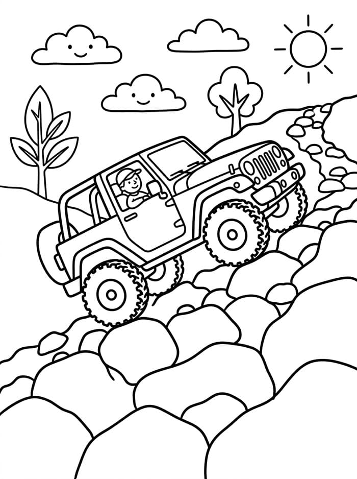Jeep klatrer op ad en klippefyldt bakke Tegninger til Farvelægning