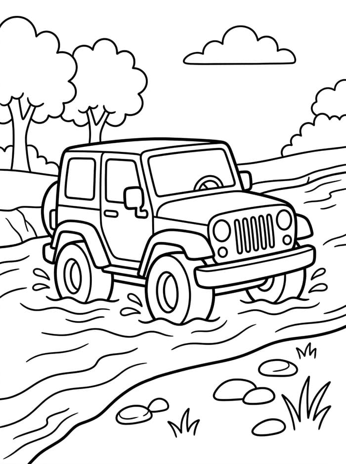 Jeep krydser en lille bæk Tegninger til Farvelægning