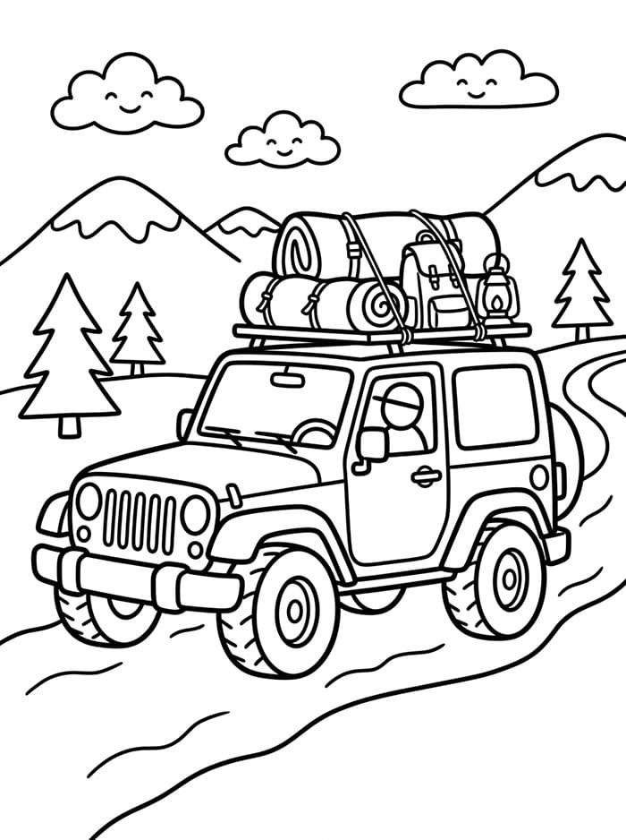 Jeep med campingudstyr Tegninger til Farvelægning