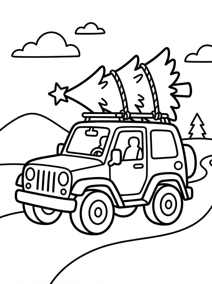 Jeep med juletræ Tegninger til Farvelægning