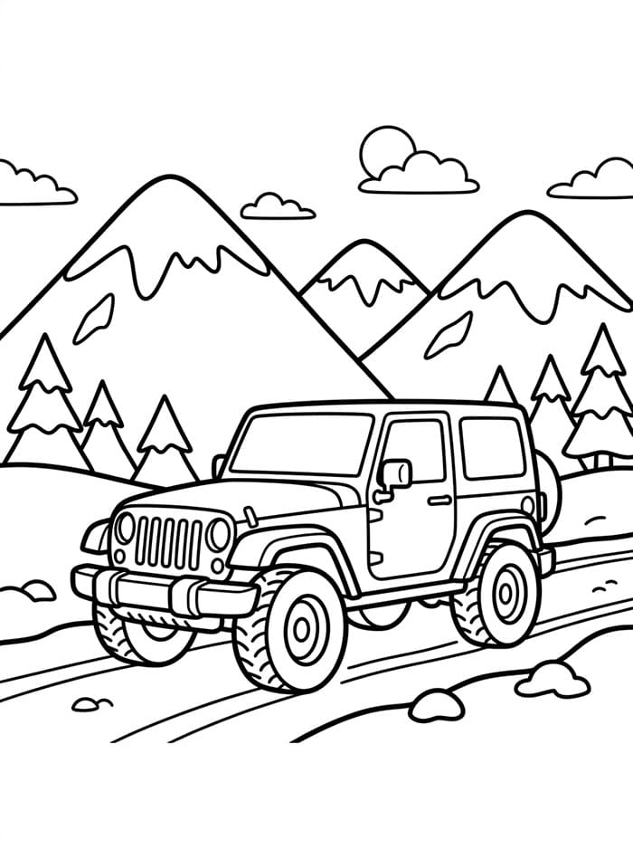 Jeep med Snedækkede bjerge Tegninger til Farvelægning