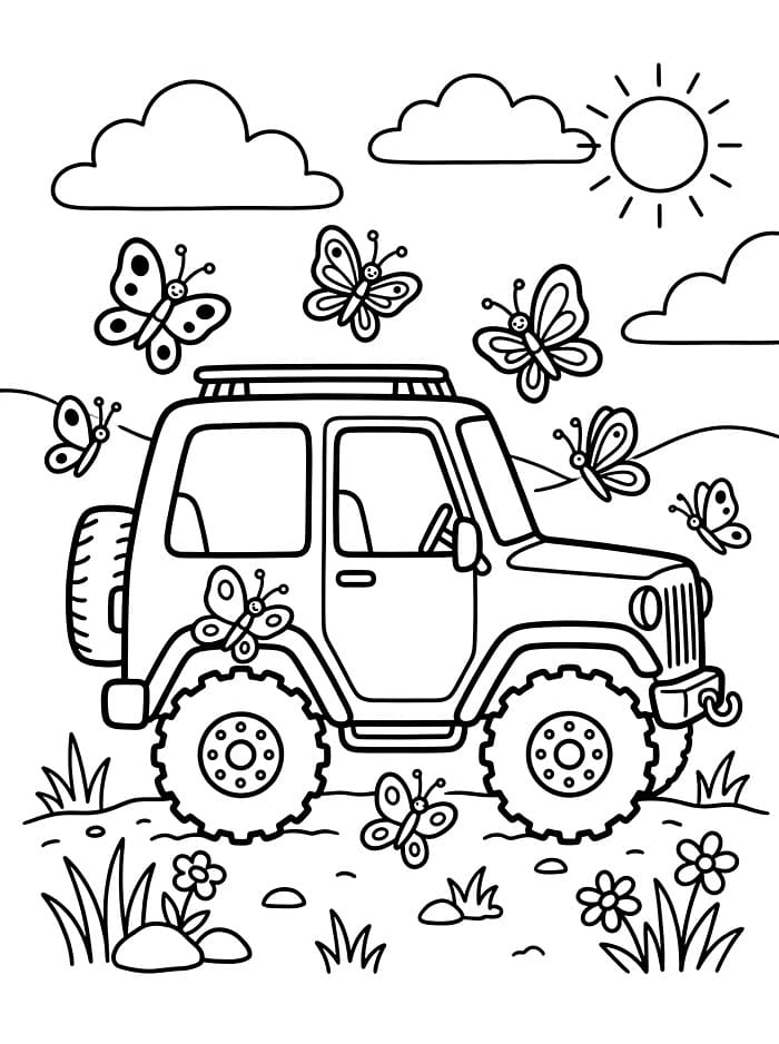 Jeep med sommerfugle Tegninger til Farvelægning