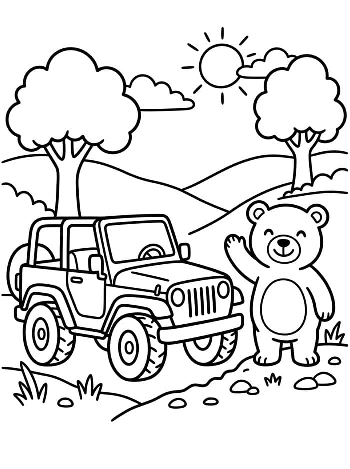 Jeep med venlig bjørn Tegninger til Farvelægning