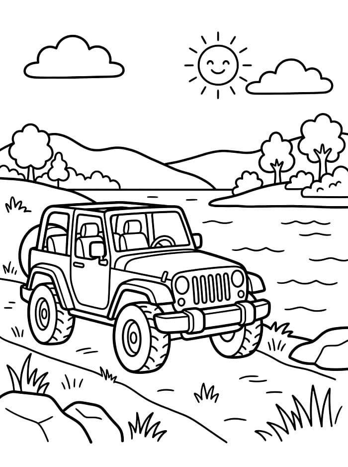 Jeep nær sø Tegninger til Farvelægning