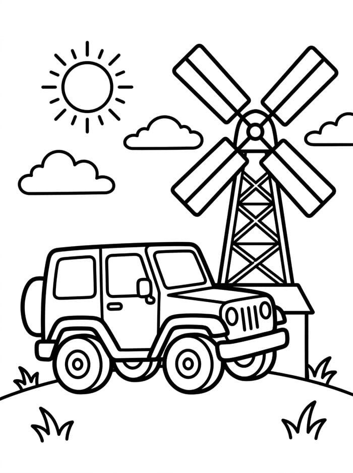 Jeep nær vindmølle Tegninger til Farvelægning