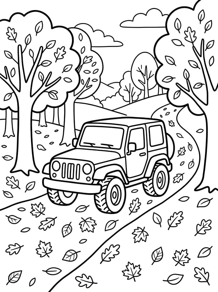 Jeep og efterårsblade Tegninger til Farvelægning