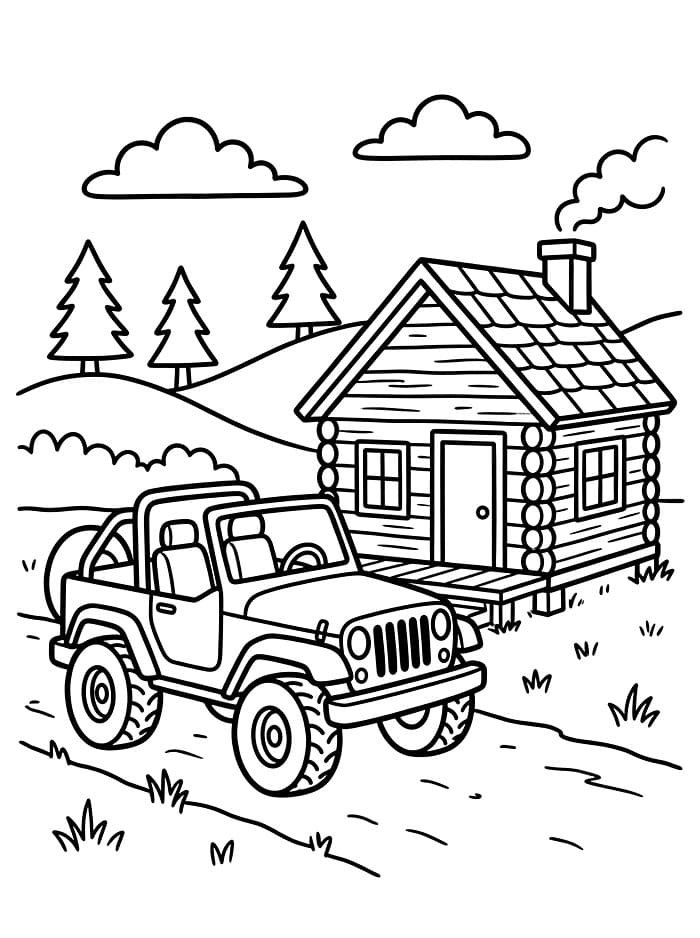 Jeep og træhytte Tegninger til Farvelægning