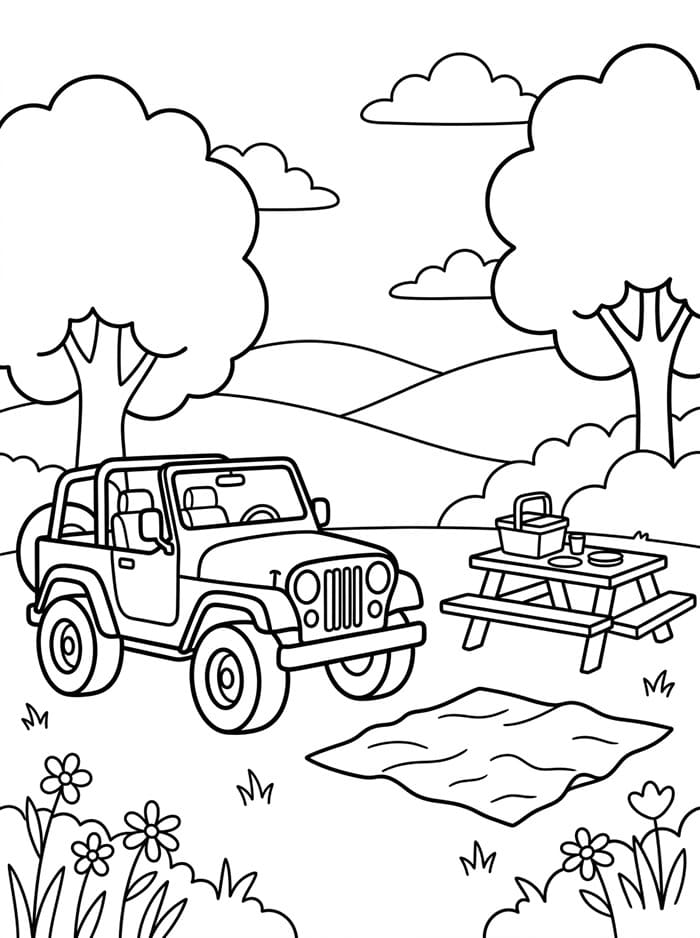 Jeep parkeret ved picnicsted Tegninger til Farvelægning