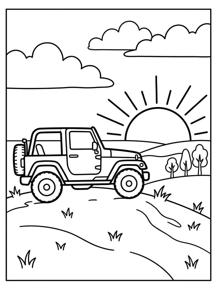 Jeep ser solnedgangen Tegninger til Farvelægning