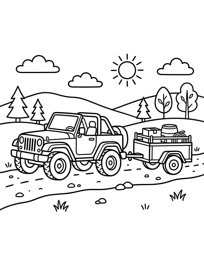 Jeep trækker en lille trailer Tegninger til Farvelægning