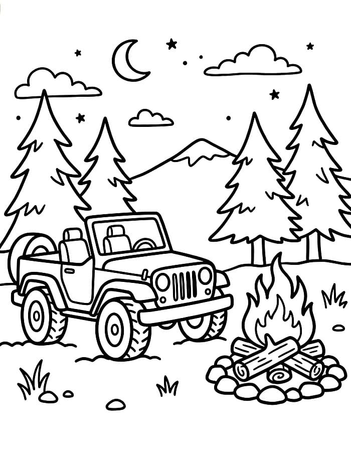 Jeep ved siden af ​​bål Tegninger til Farvelægning