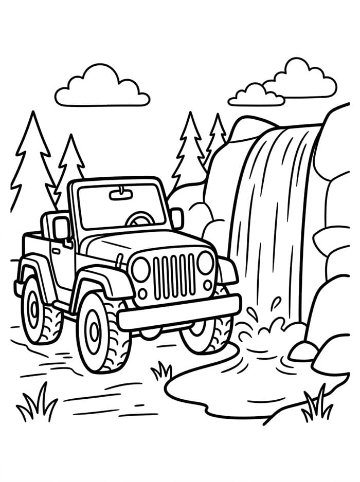 Jeep ved vandfald Tegninger til Farvelægning