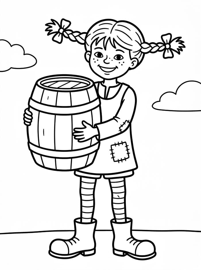 Pippi Langstrømpe bærer en trætønde Tegninger til Farvelægning