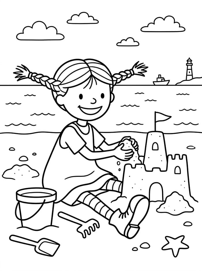 Pippi Langstrømpe bygger et sandslot Tegninger til Farvelægning