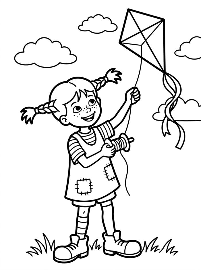 Pippi Langstrømpe flyver med drage Tegninger til Farvelægning
