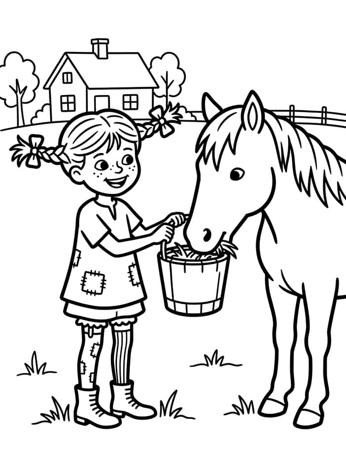 Pippi Langstrømpe fodrer sin hest Tegninger til Farvelægning
